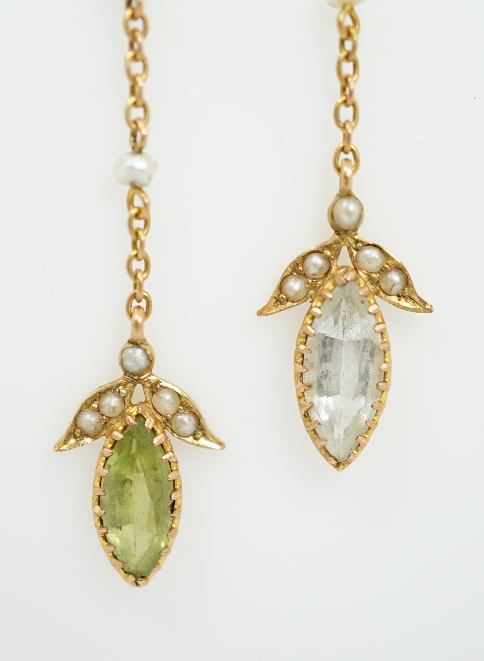 An Edwardian yellow metal, seed pearl and multi gem set double drop pendant necklace